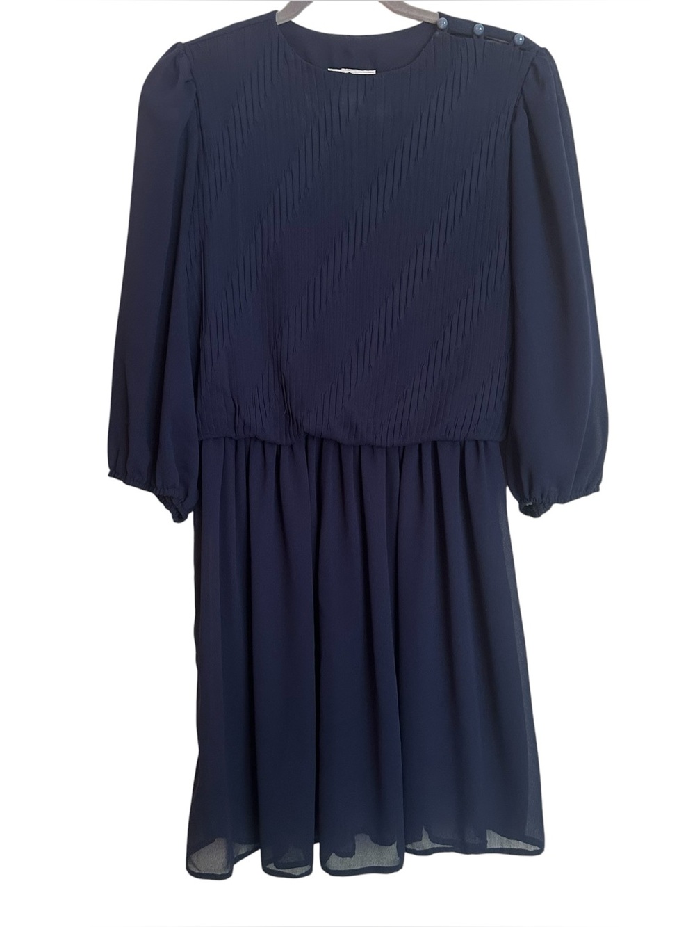 Vintage 80s Navy Blue Sheer Dress with Shoulder Button Detail